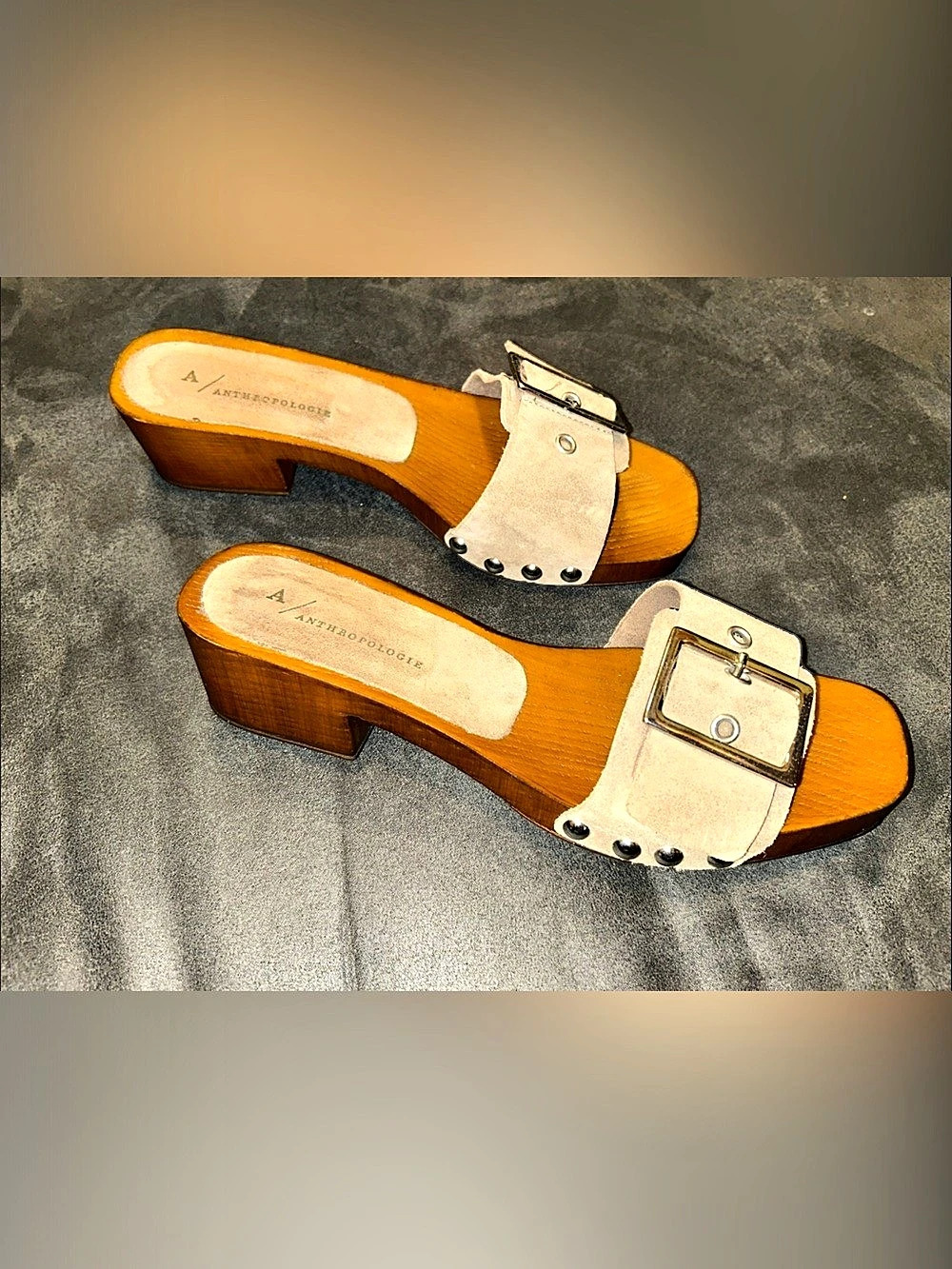 Anthropologie Tan Suede Buckle Mule Sandals Faux Wood Block Heel Studs 40 Italy